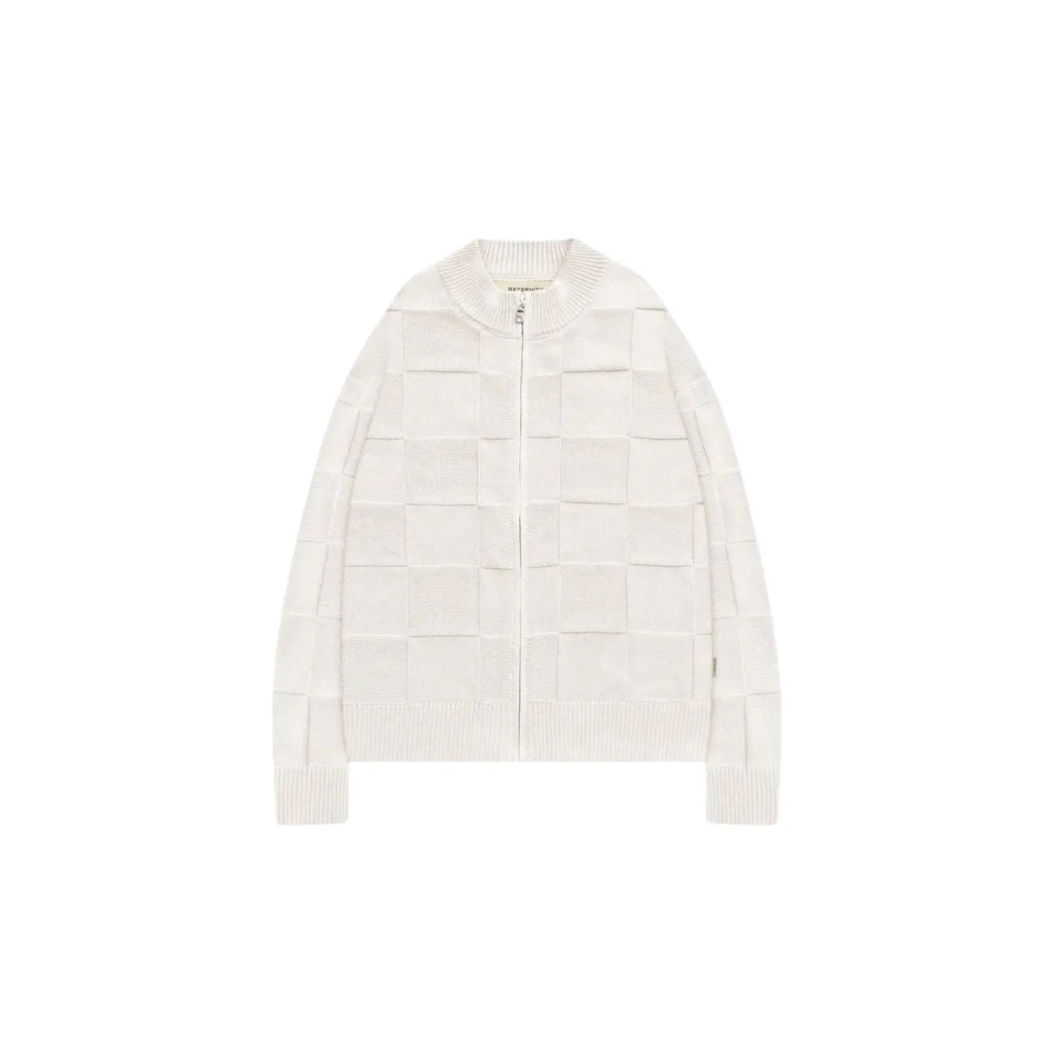 An off-white knit zip-up jacket with a unique grid-like patchwork texture, displayed flat against a solid white background.