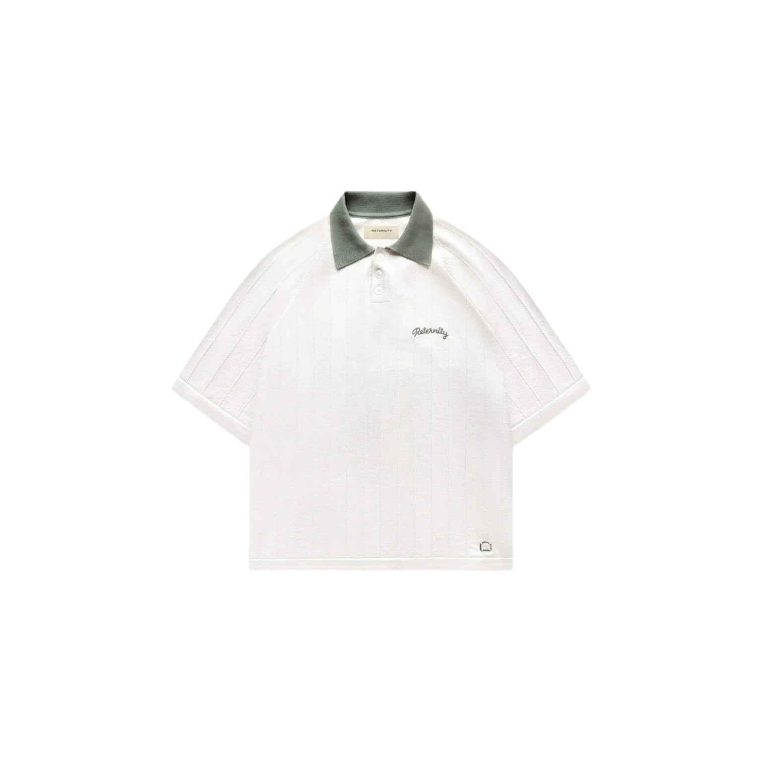White polo shirt with green collar on a white background