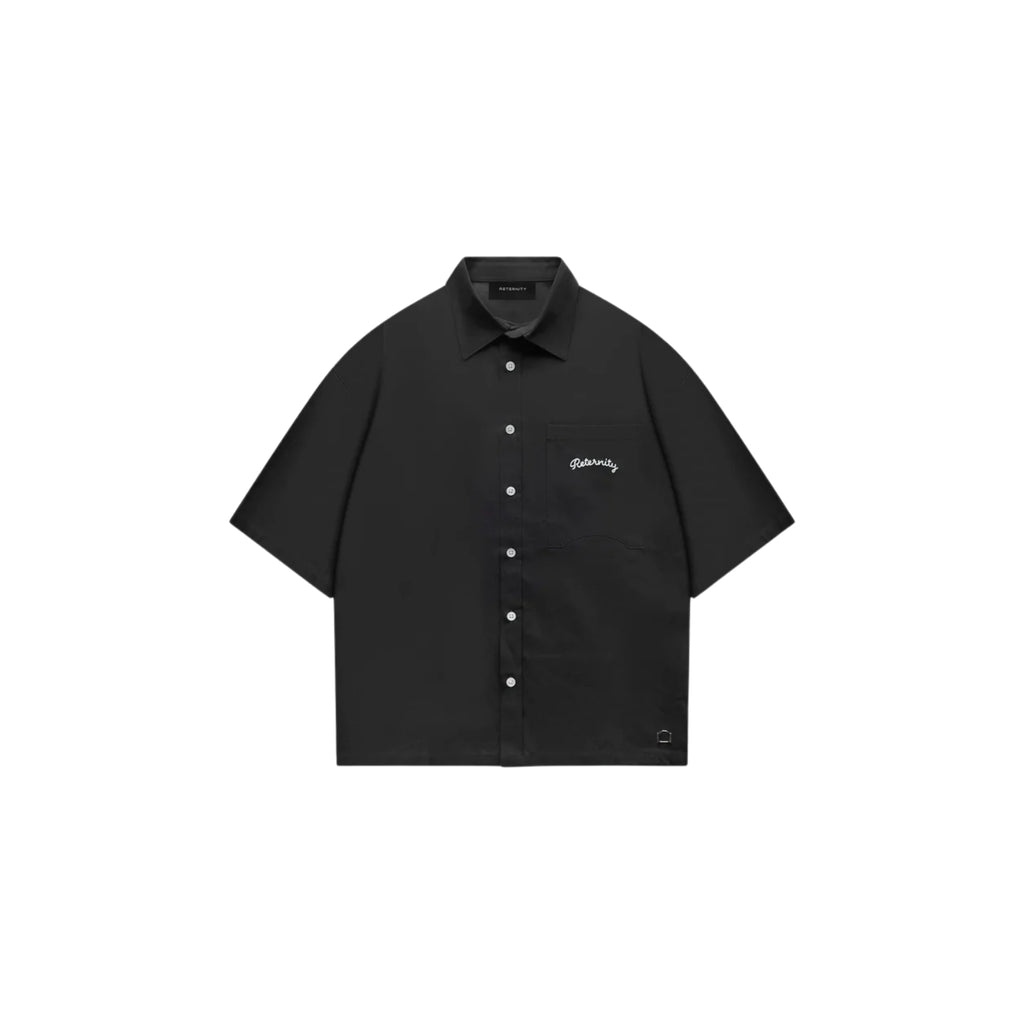 Black short-sleeve shirt with brand logo on a white background