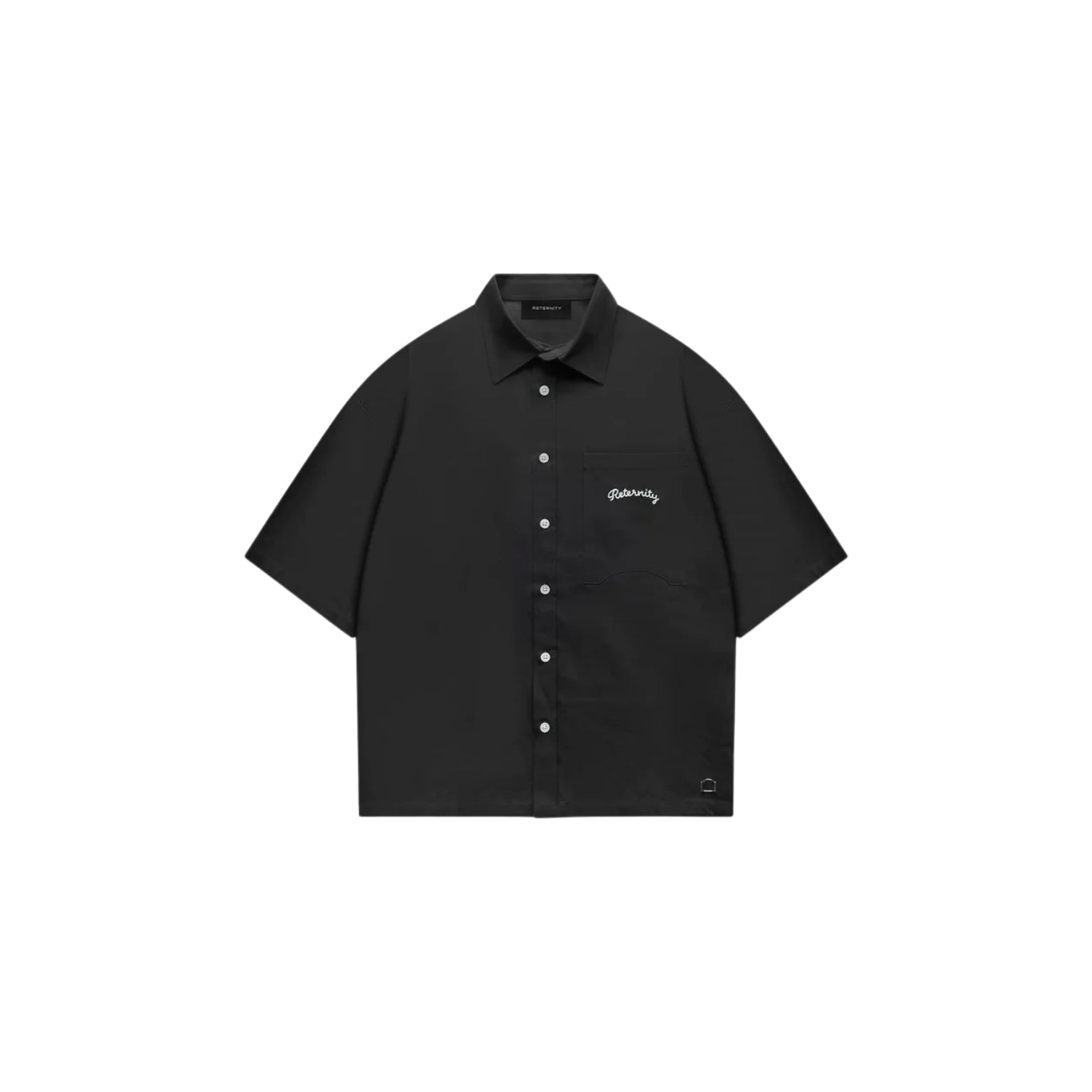 Black short-sleeve shirt with brand logo on a white background