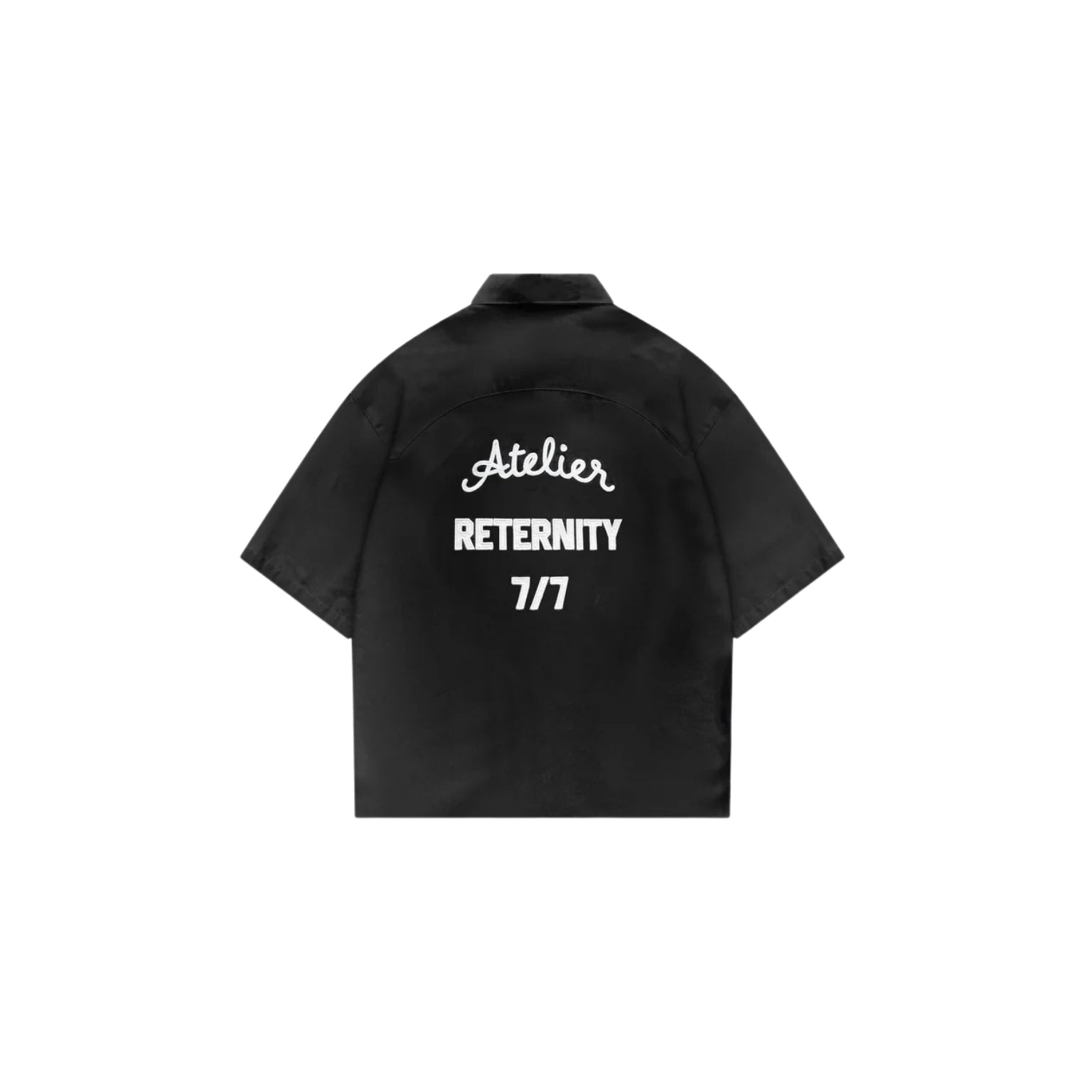 Black shirt with white text on the back on a white background