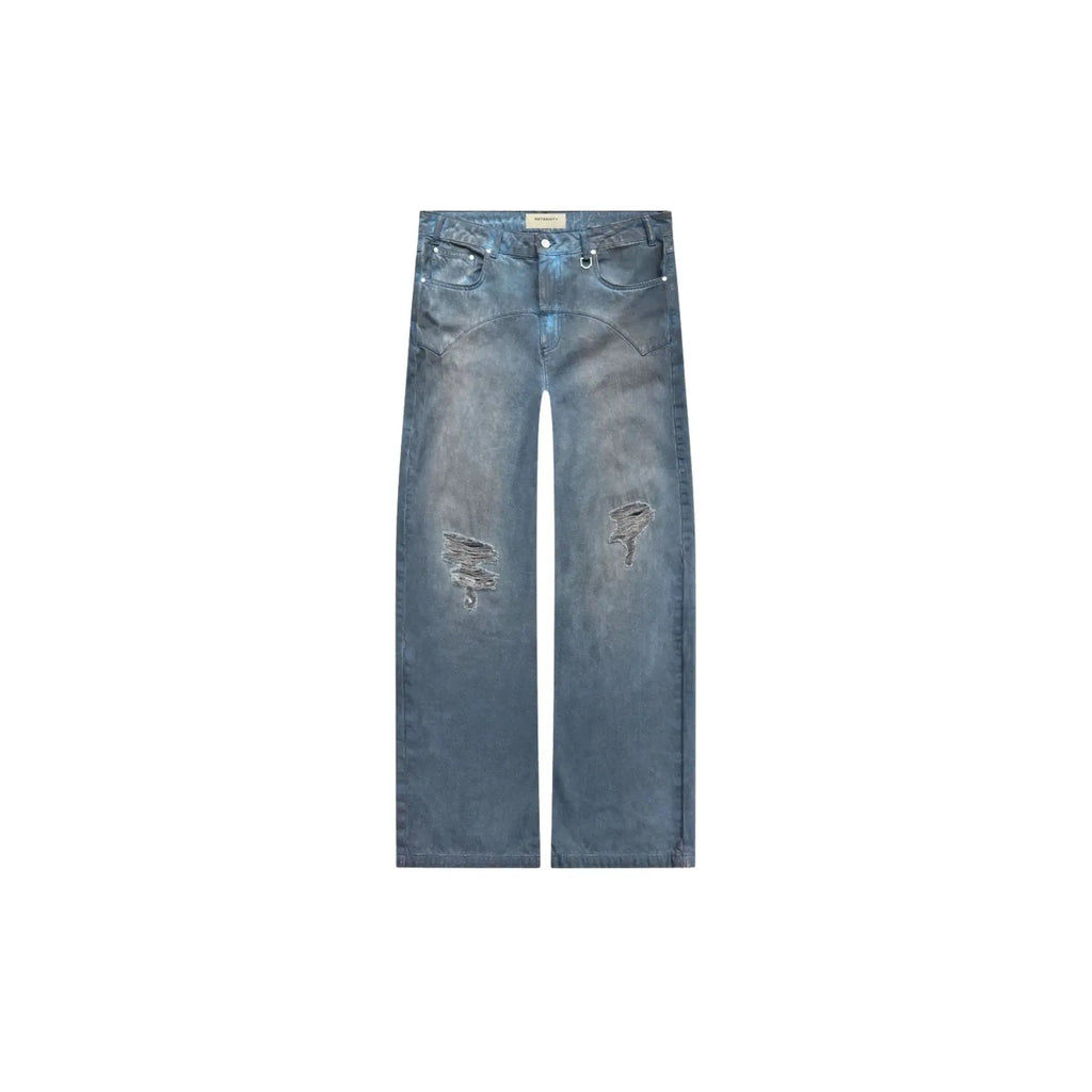 Blue distressed jeans on a white background