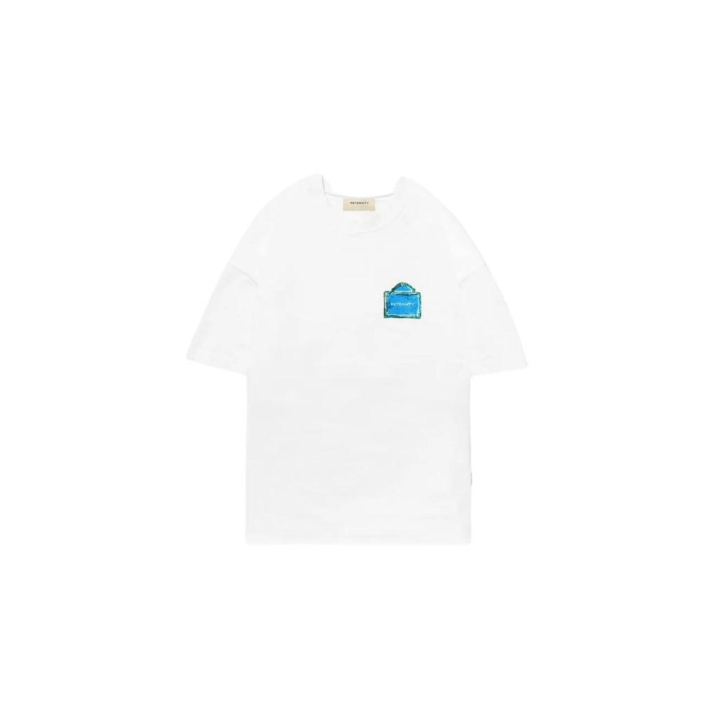 White t-shirt with a small blue logo on a white background