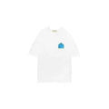 White t-shirt with a small blue logo on a white background