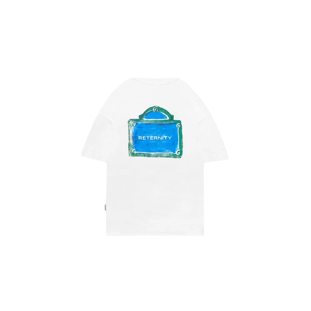 White t-shirt with a blue graphic and 'rEternity' text on a white background