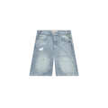 Light blue denim shorts with distressed details on a white background