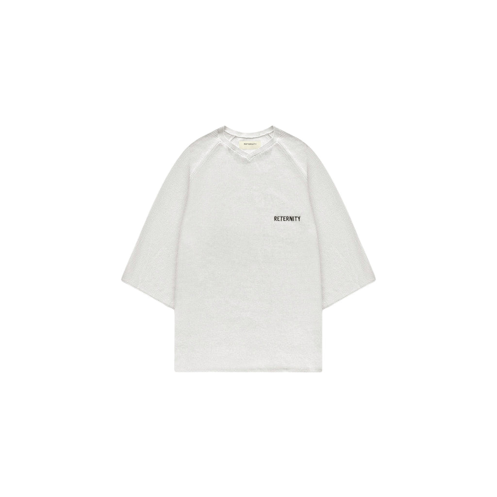 White t-shirt with black text on a white background