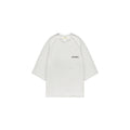 White t-shirt with black text on a white background