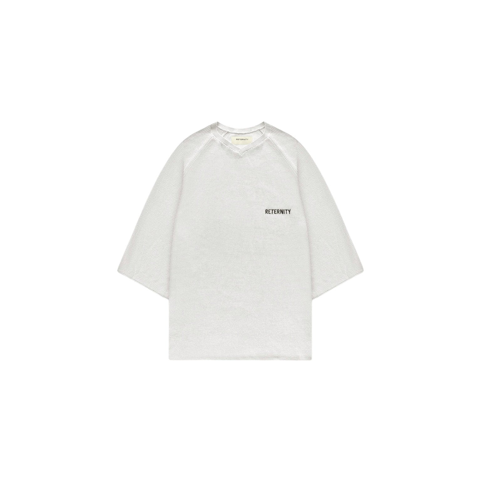 White t-shirt with black text on a white background