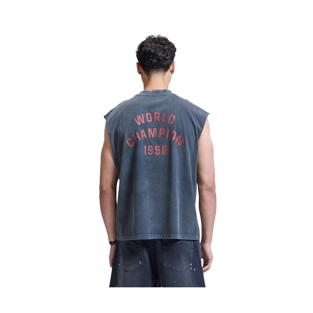 Person wearing a sleeveless shirt with 'World Champion 1998' text on the back, on a white background