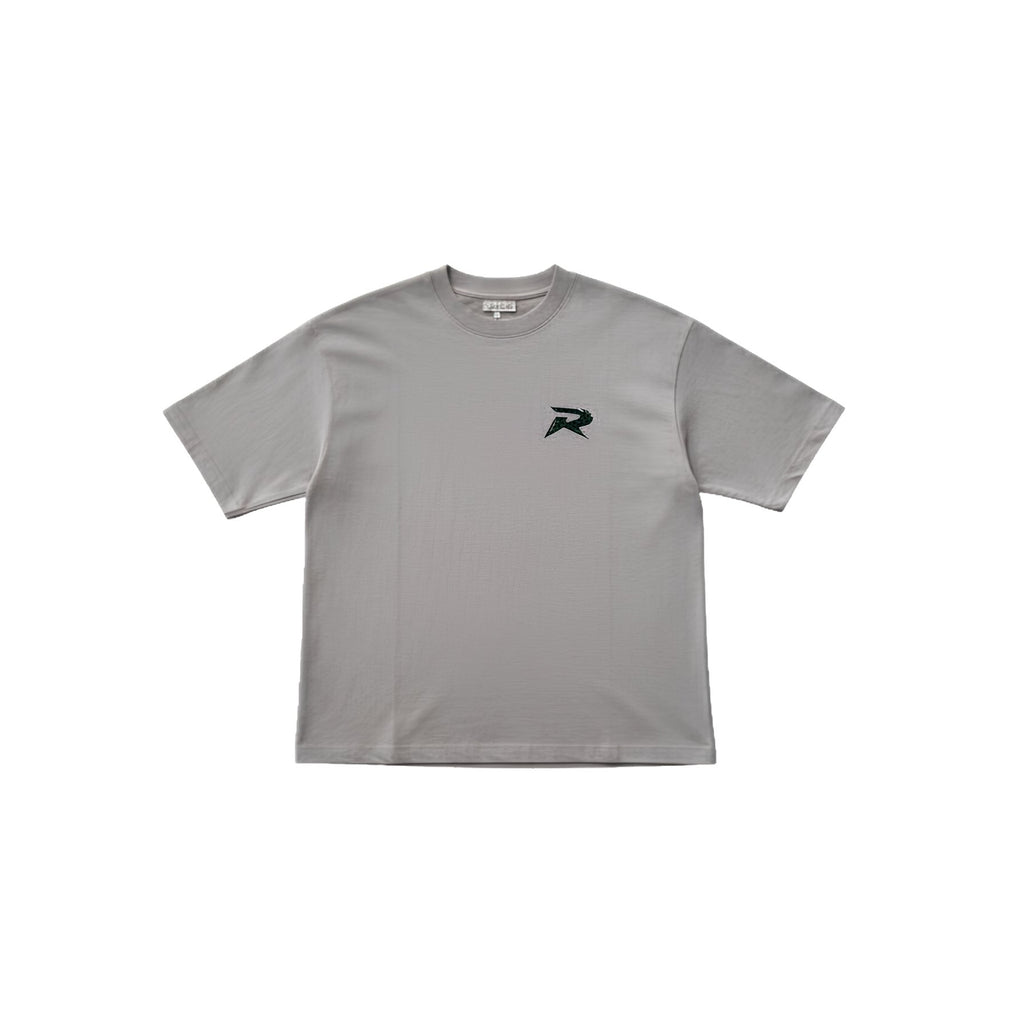 Gray t-shirt with a logo on a white background