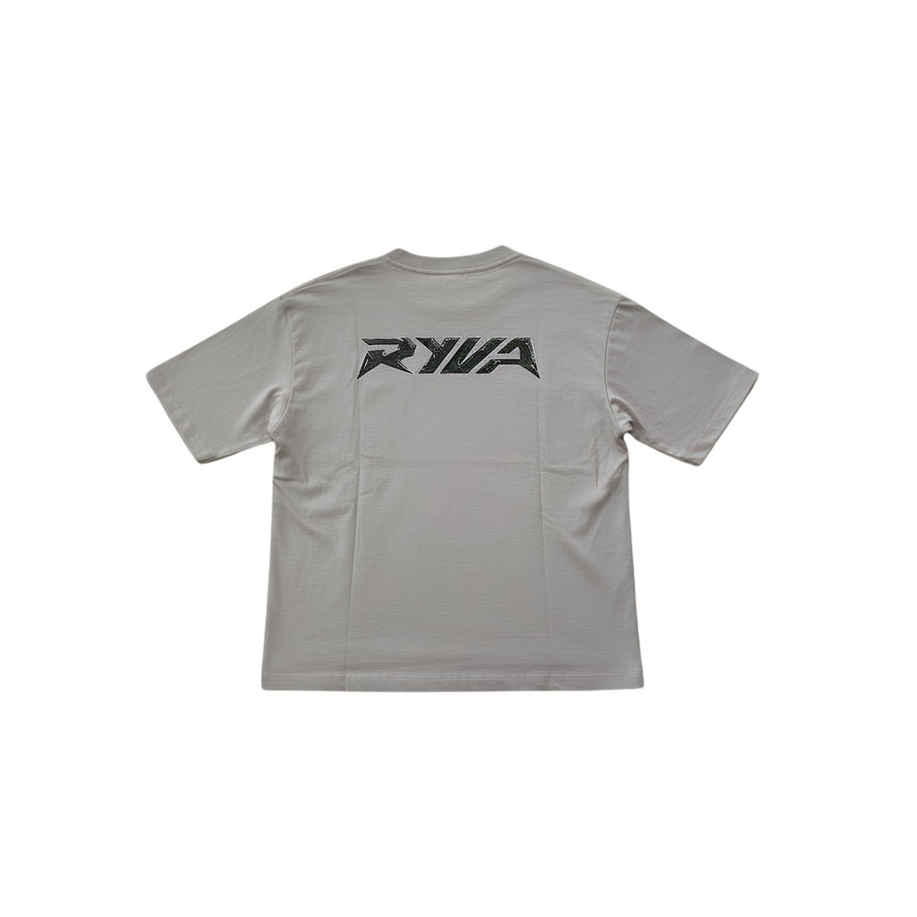 Gray t-shirt with a black logo on the back against a white background