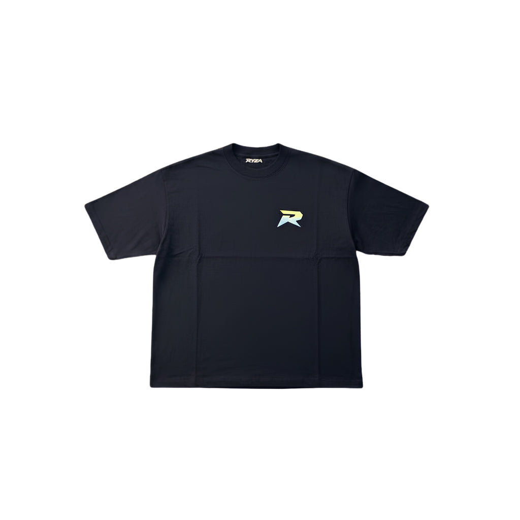 Black t-shirt with a logo on a white background