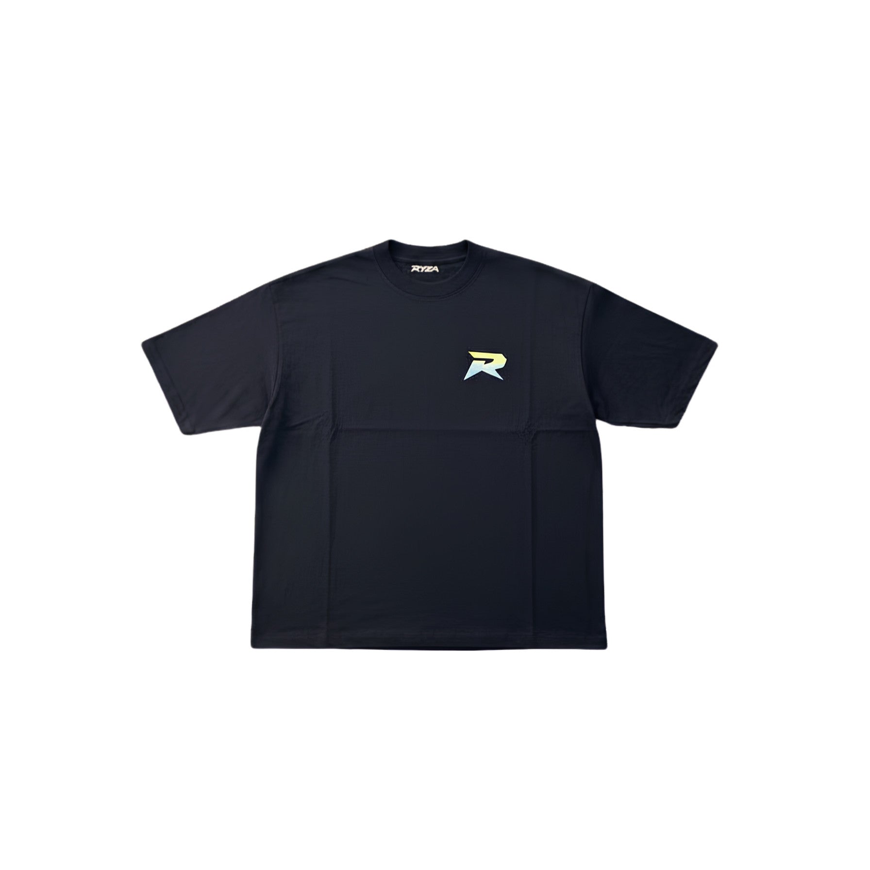 Black t-shirt with a logo on a white background