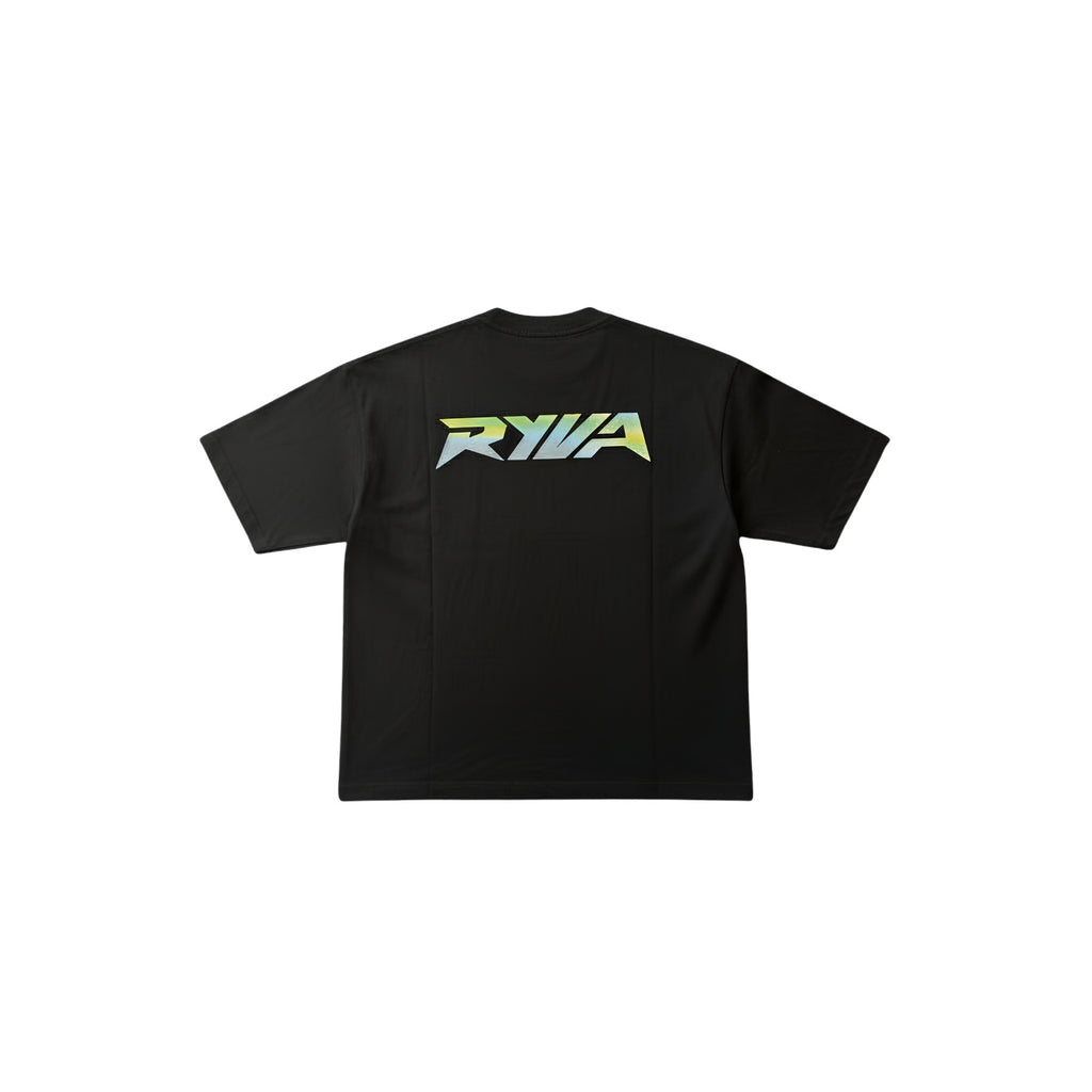 Black t-shirt with a logo on the back against a white background