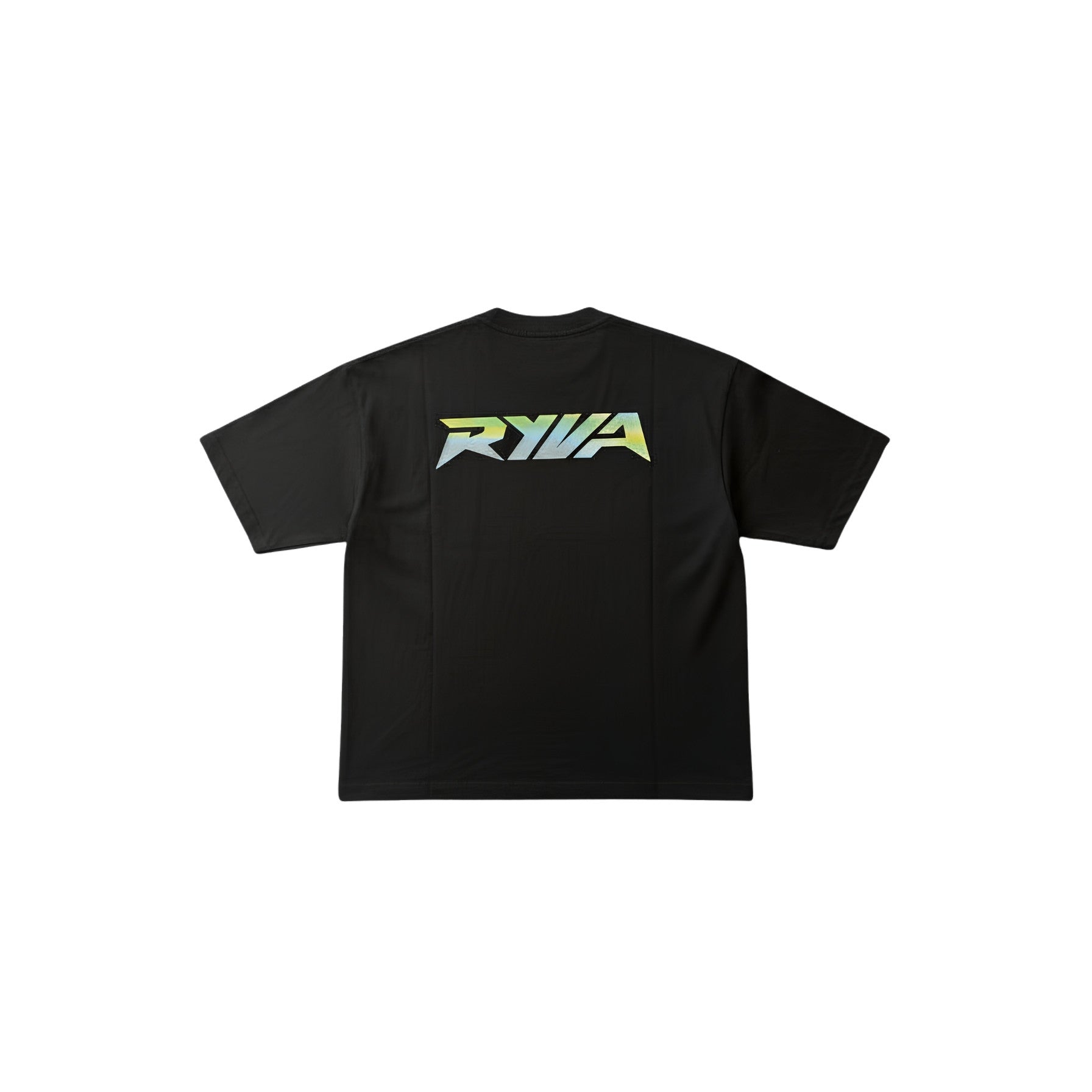 Black t-shirt with a logo on the back against a white background