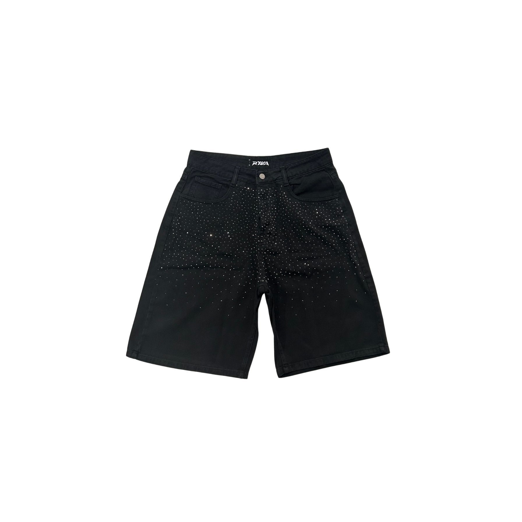 Black shorts with glittery embellishments on a white background