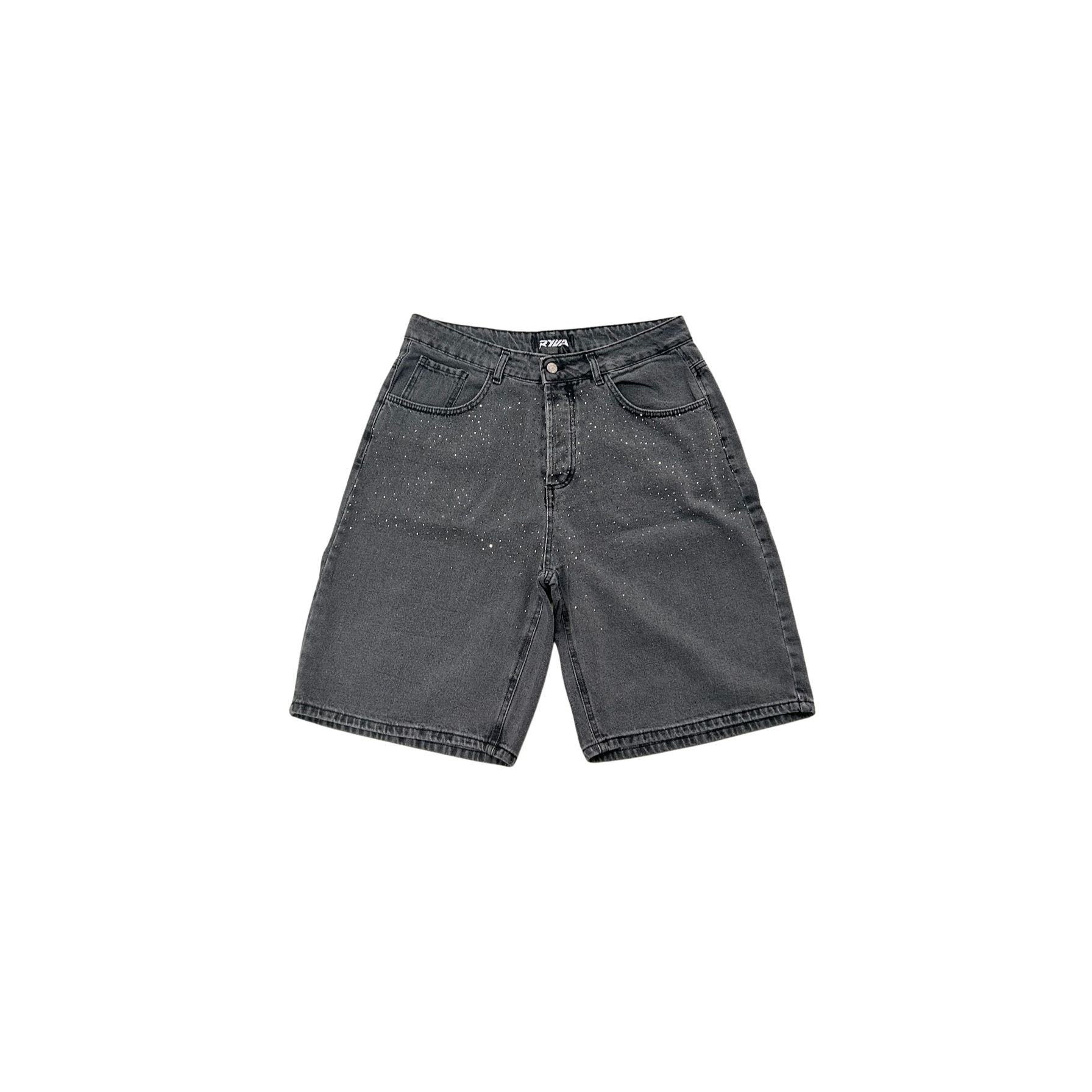 Grey denim shorts on a white background