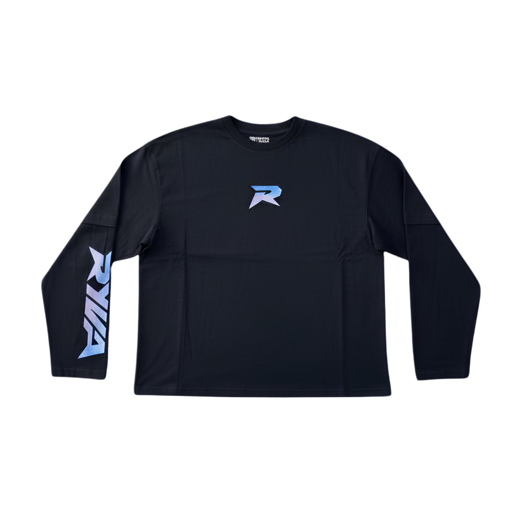 Black long-sleeve shirt with a logo on a white background