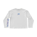 White long-sleeve shirt with a logo on a white background