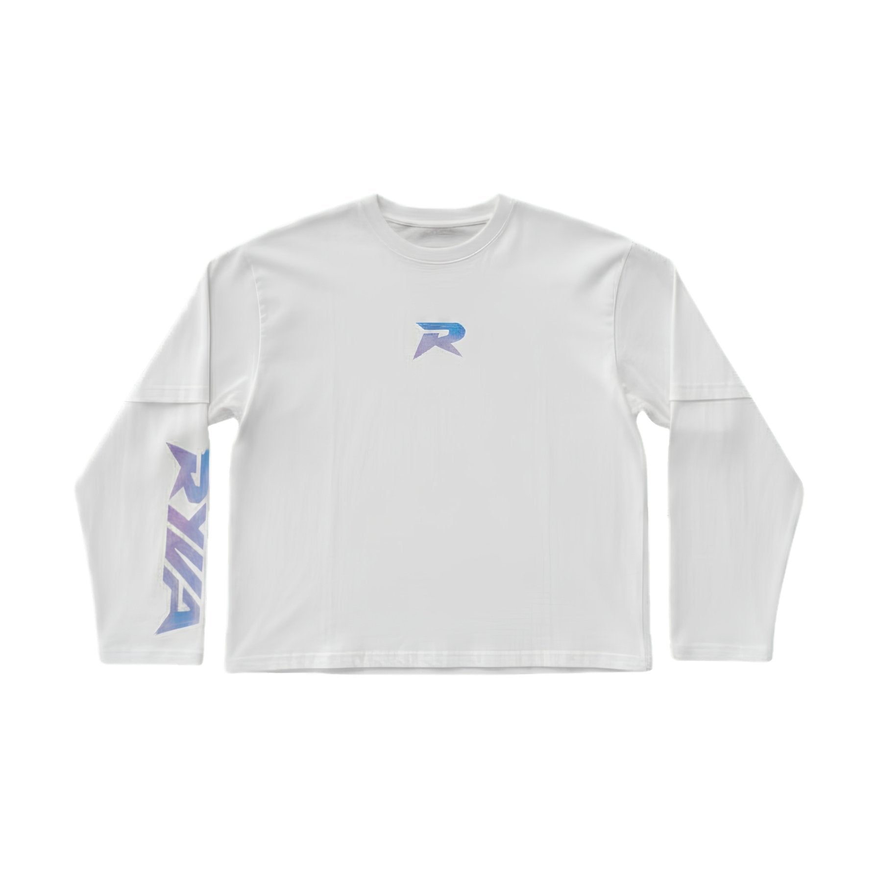 White long-sleeve shirt with a logo on a white background