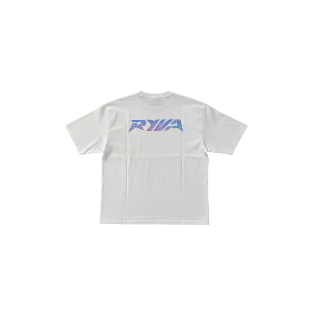 White t-shirt with a logo on the back against a white background