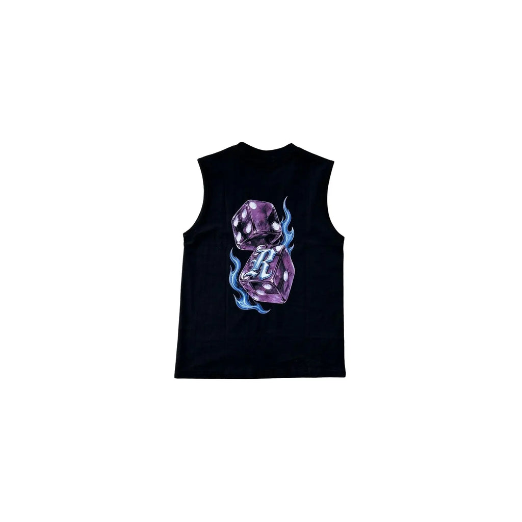 A black sleeveless tank top featuring a graphic print of two purple dice with blue flames on the front, displayed against a solid white background.
