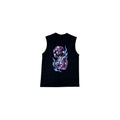 A black sleeveless tank top featuring a graphic print of two purple dice with blue flames on the front, displayed against a solid white background.