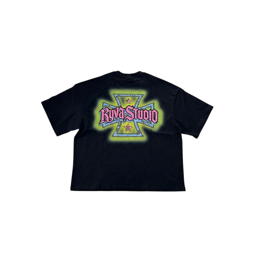 A black short-sleeve t-shirt with a large graphic on the back featuring the text 'Rova Studio' in pink gothic lettering over a yellow and green cross-shaped design.