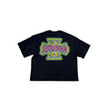 A black short-sleeve t-shirt with a large graphic on the back featuring the text 'Rova Studio' in pink gothic lettering over a yellow and green cross-shaped design.