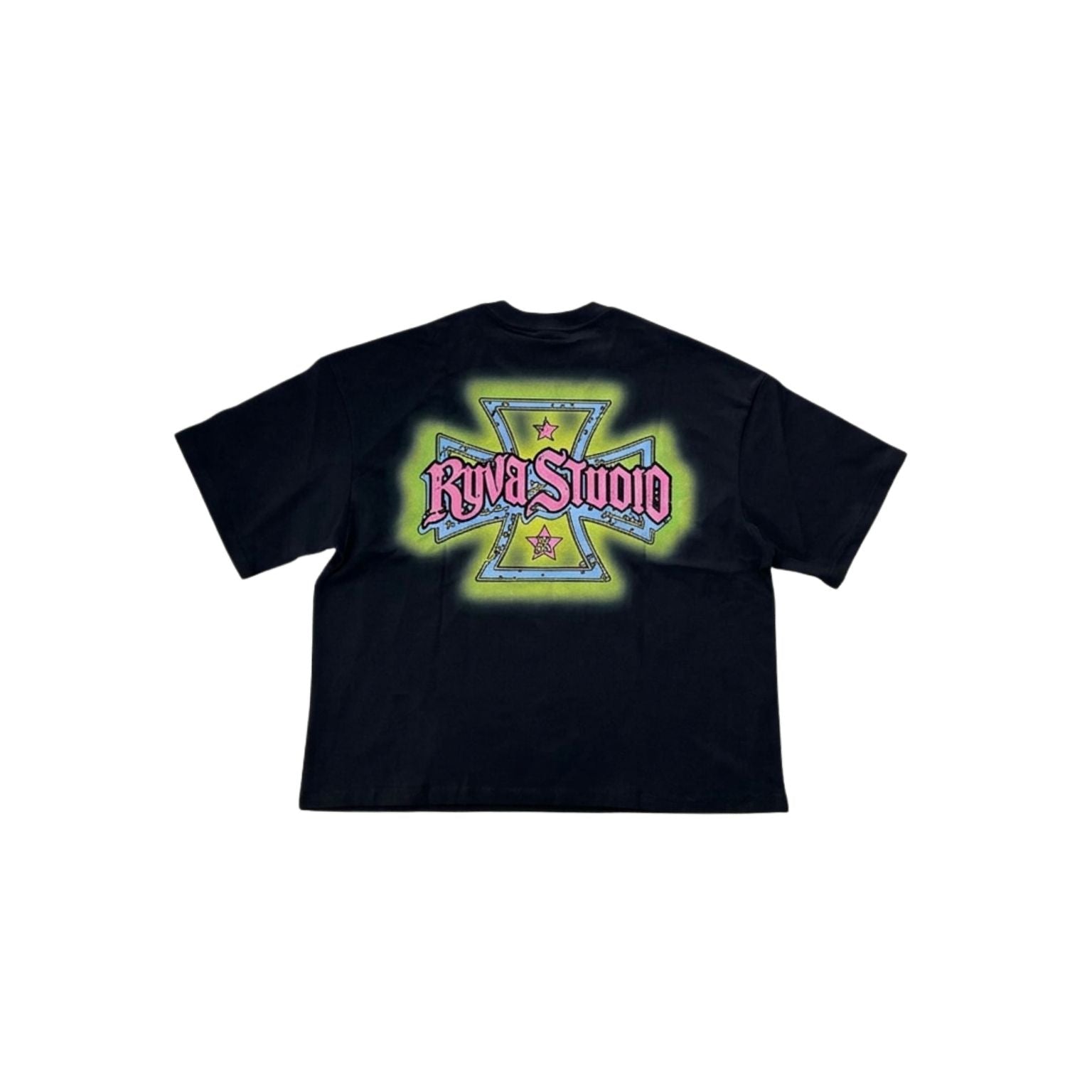 A black short-sleeve t-shirt with a large graphic on the back featuring the text 'Rova Studio' in pink gothic lettering over a yellow and green cross-shaped design.
