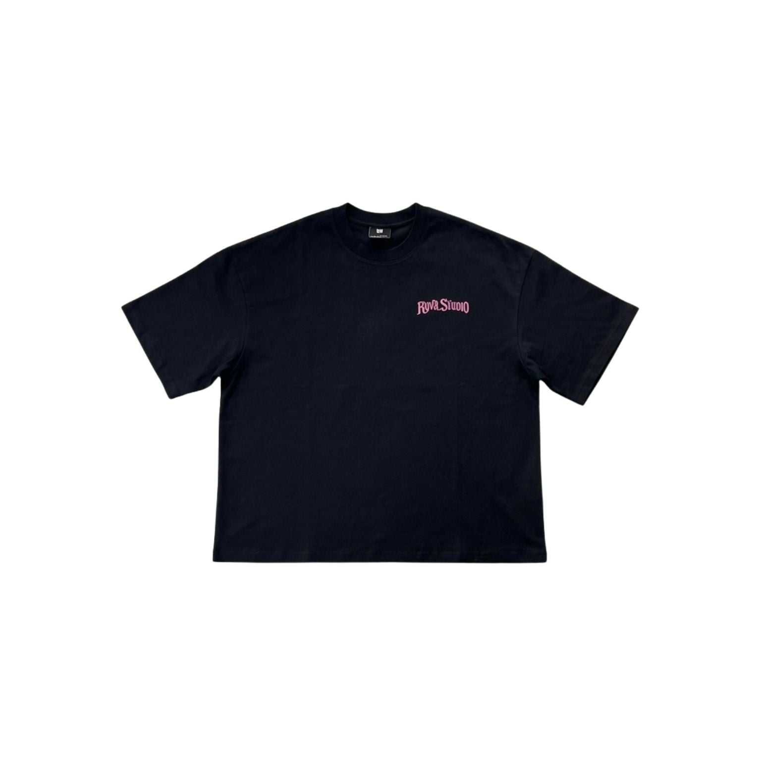A black short-sleeve t-shirt with a small pink 'Rust & Stone' logo printed on the left chest, displayed flat against a solid white background.