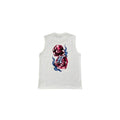 A white sleeveless crop top featuring a graphic print of two red dice with blue flame details and a stylized letter 'R' on the front, set against a plain white background.
