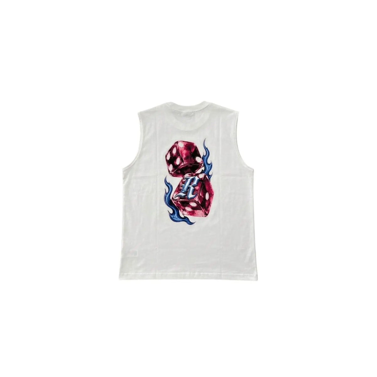 A white sleeveless crop top featuring a graphic print of two red dice with blue flame details and a stylized letter 'R' on the front, set against a plain white background.