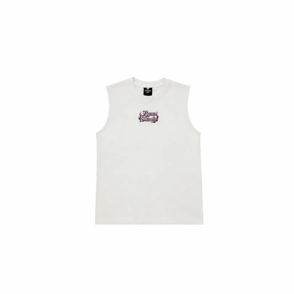 A sleeveless white crop top with a small purple and black graphic logo on the left chest, displayed flat against a solid white background.