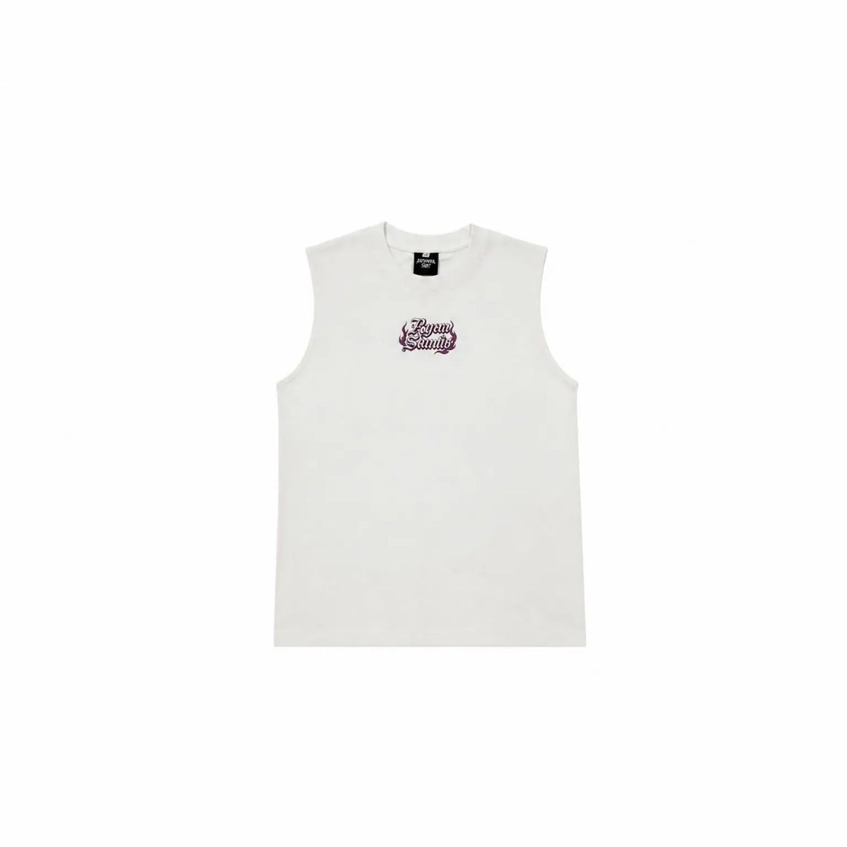 A sleeveless white crop top with a small purple and black graphic logo on the left chest, displayed flat against a solid white background.