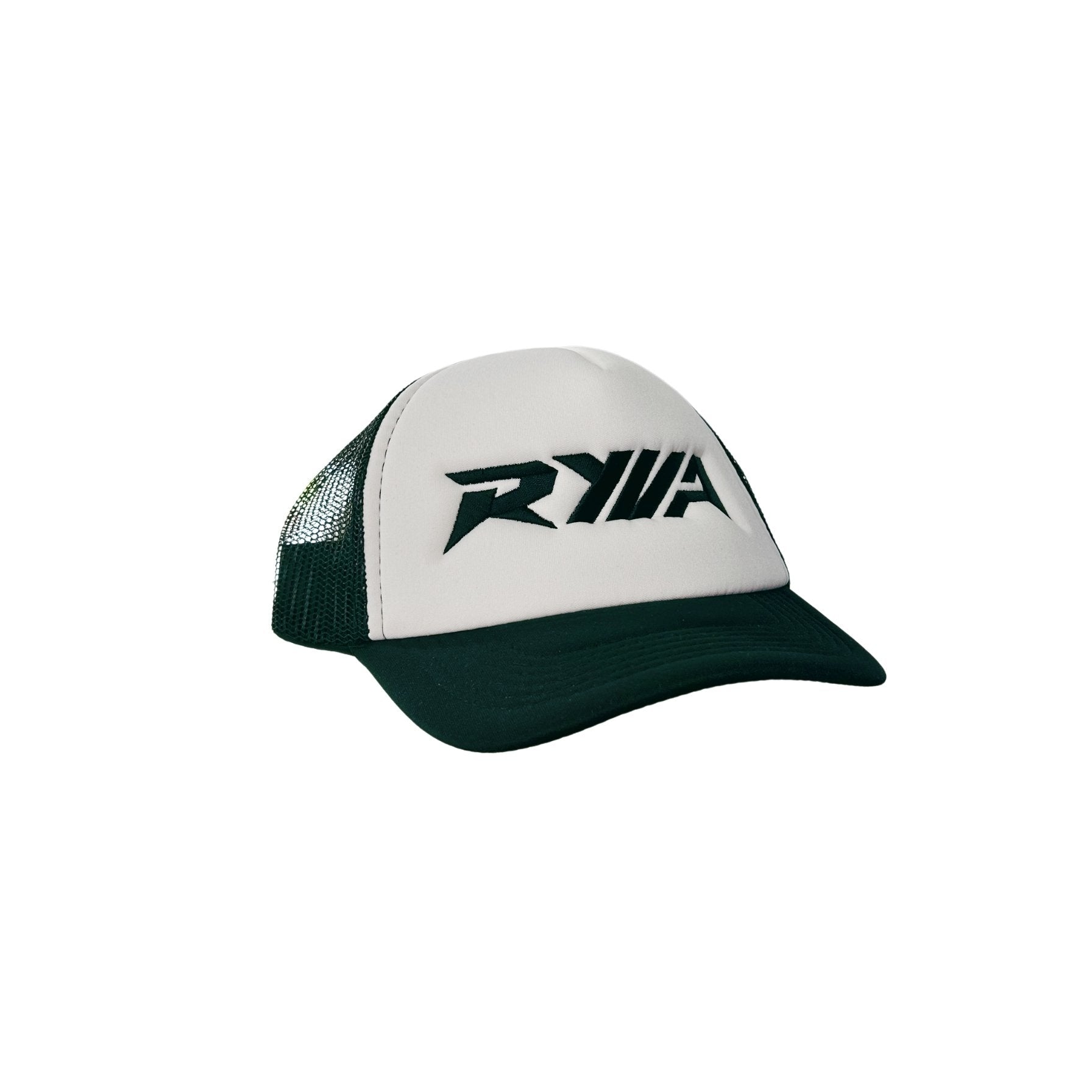 White and green cap with a logo on a white background