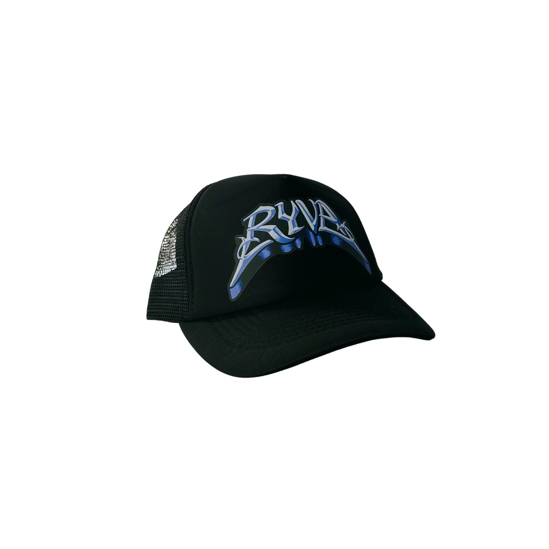 Black cap with blue and white text on a white background