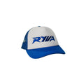 White and blue cap with a logo on a white background