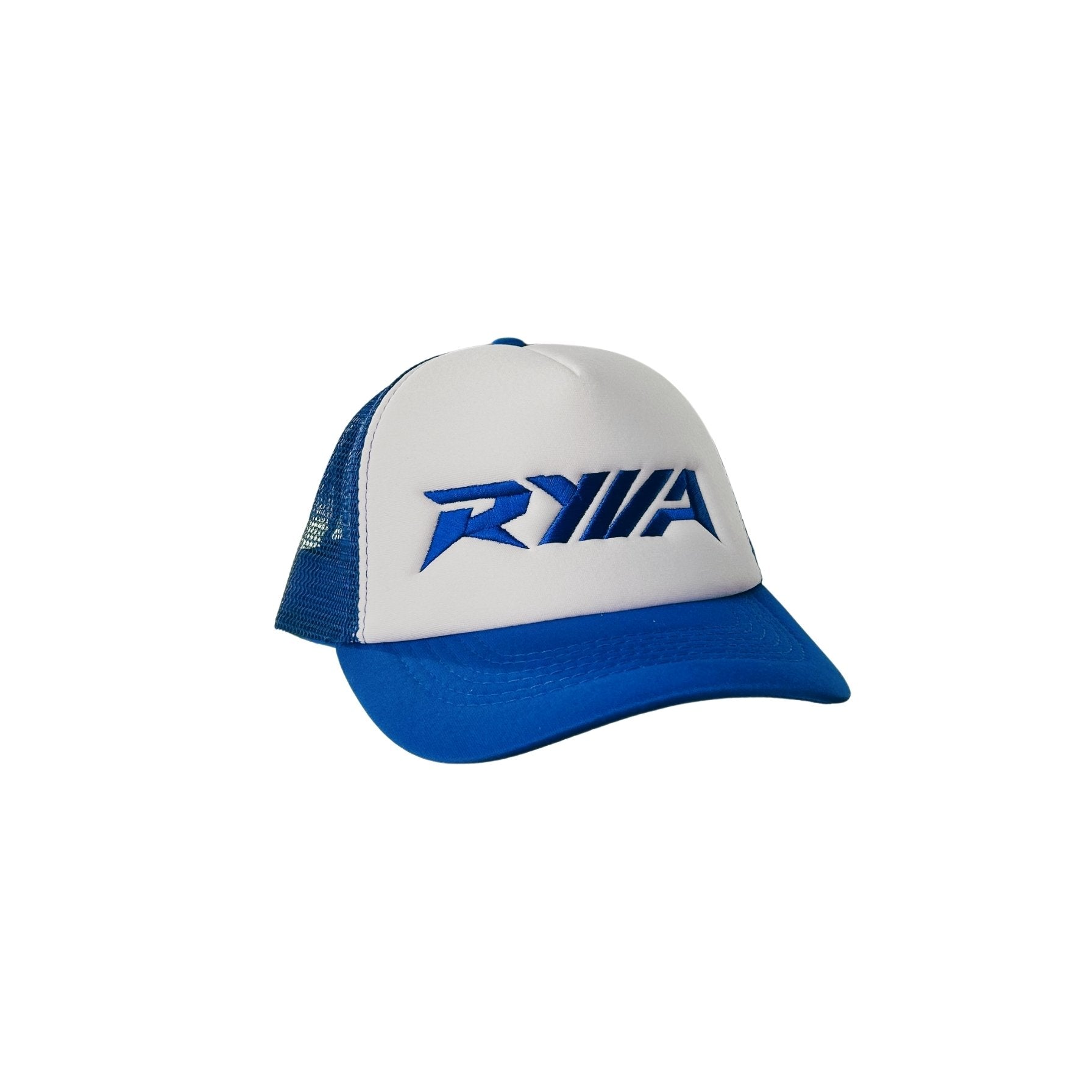 White and blue cap with a logo on a white background