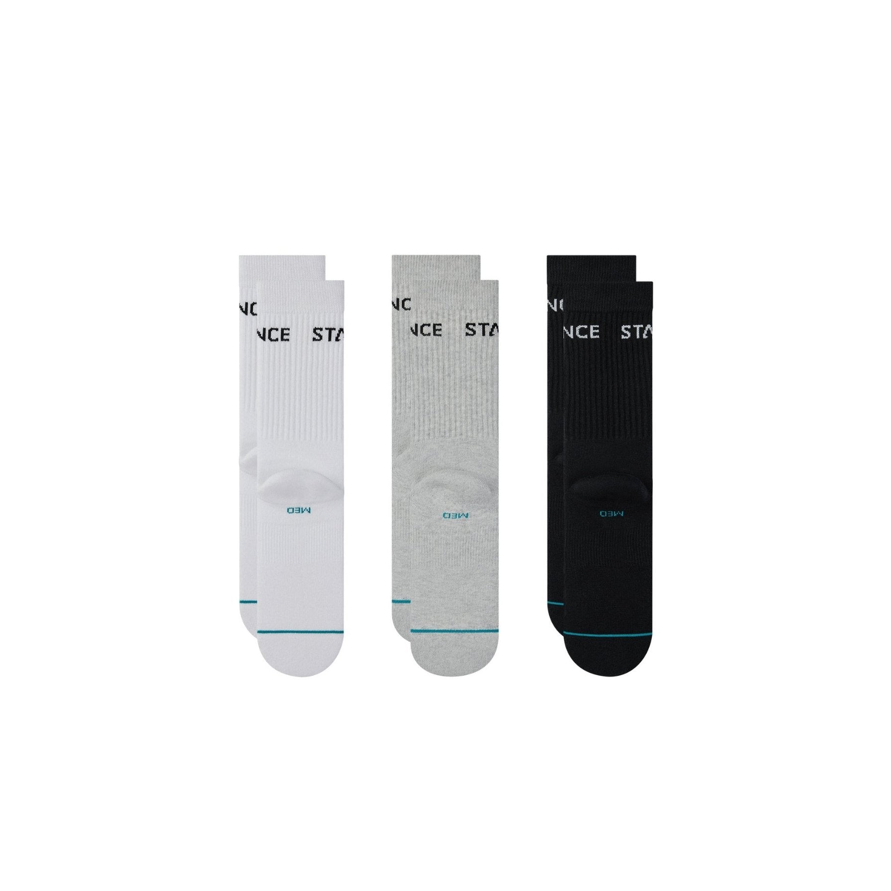 Three pairs of socks in white, gray, and black on a white background