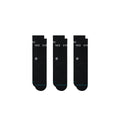 Three black socks with text on a white background