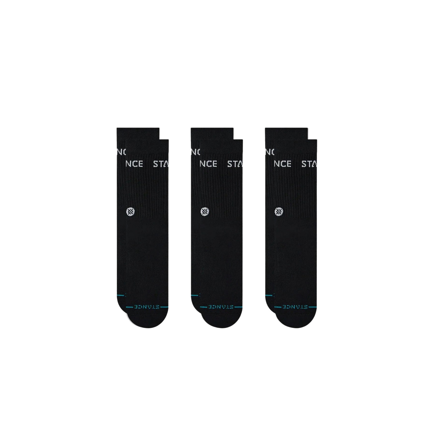 Three black socks with text on a white background