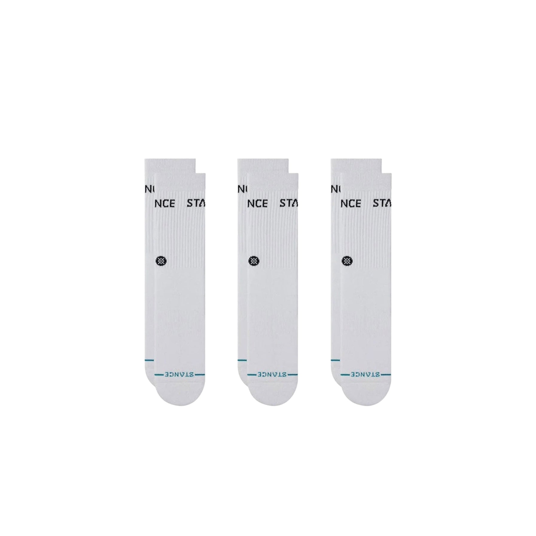 Three pairs of white socks with black text on a white background