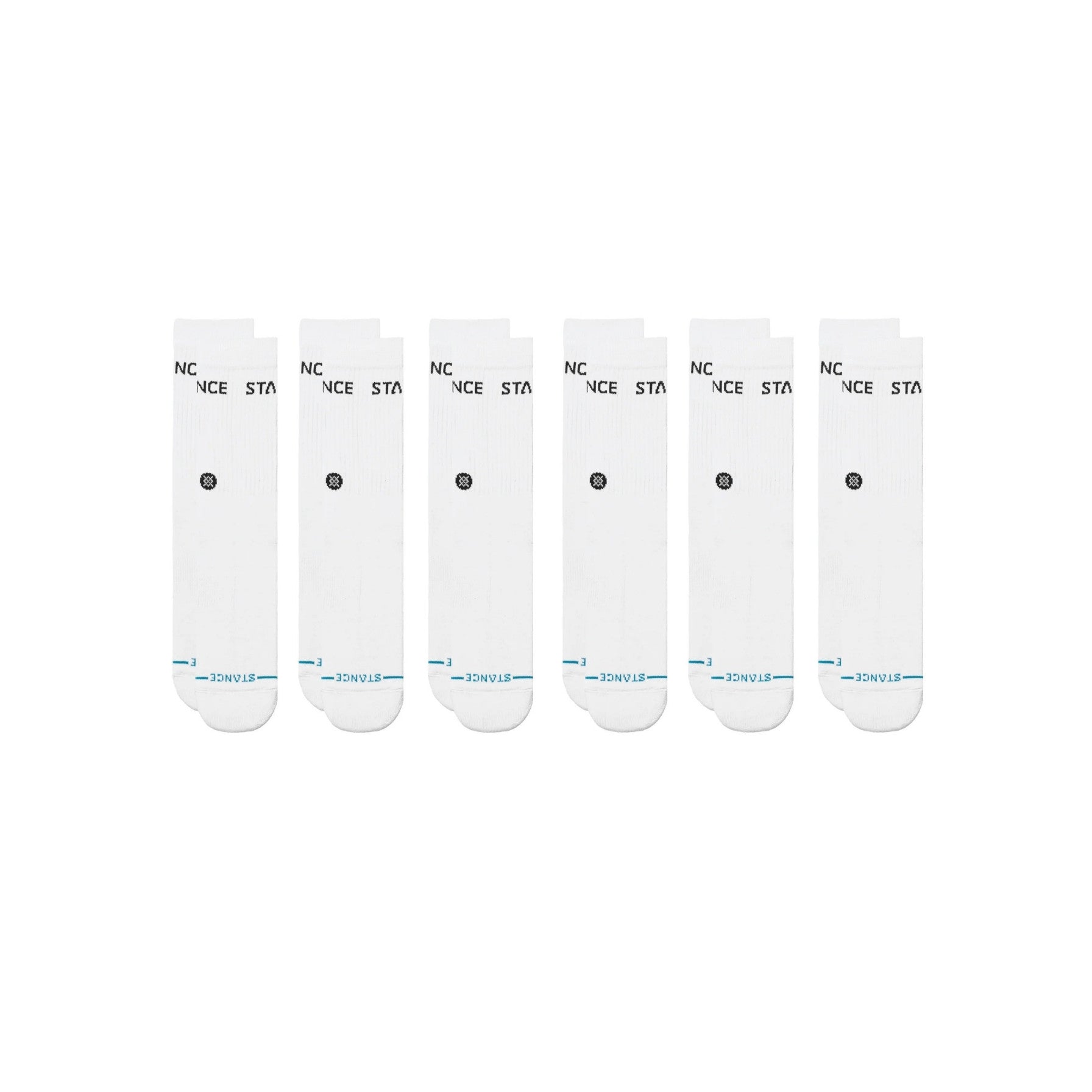 Set of six white socks with black and blue text on a white background