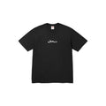 Black t-shirt with white text on a white background