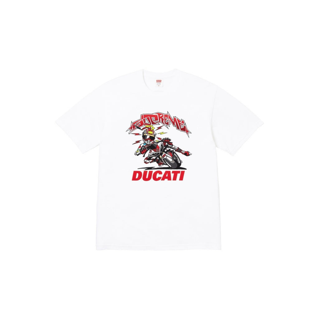 White t-shirt with Ducati logo and motorcycle graphic on a white background
