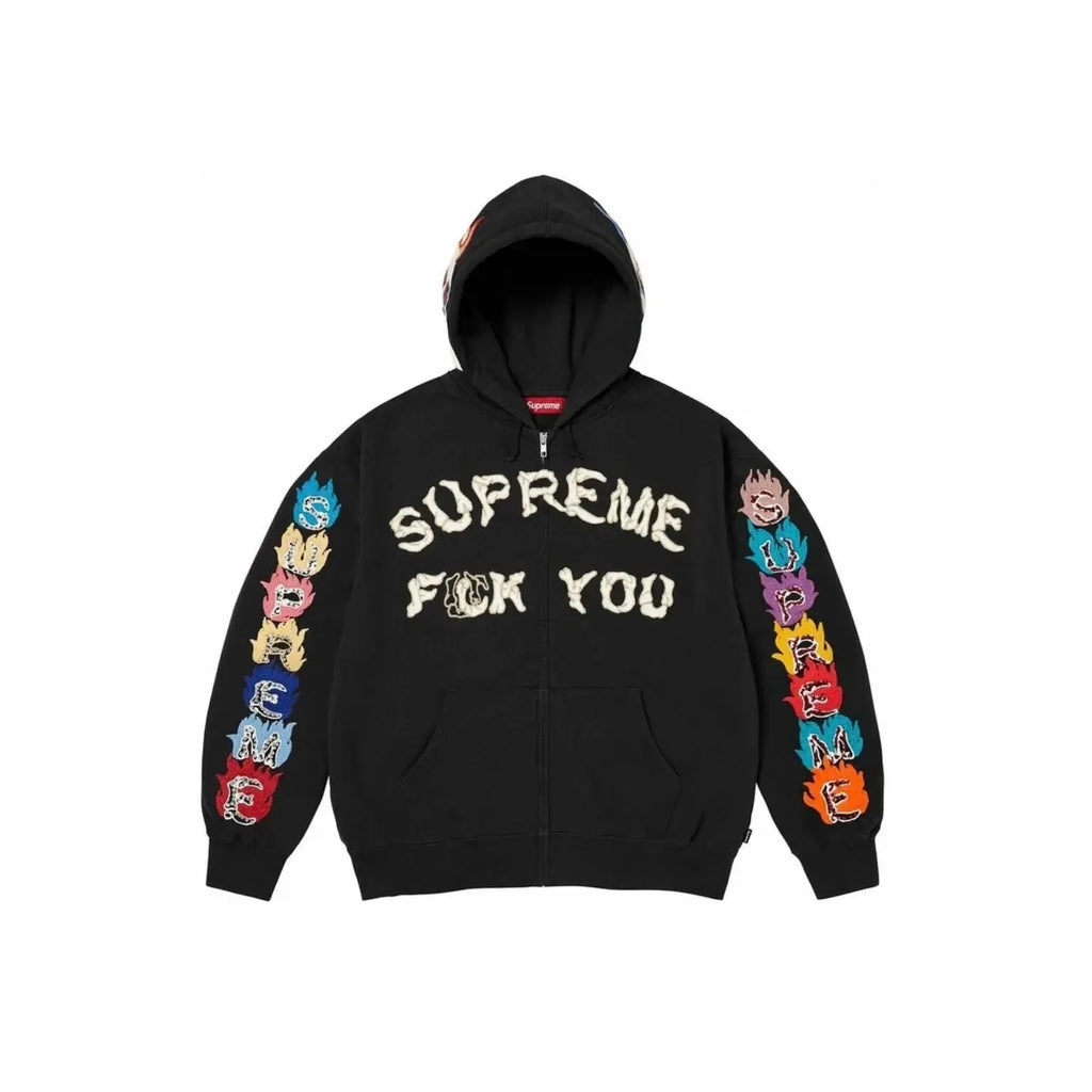 A black Supreme zip-up hoodie featuring 'SUPREME FUCK YOU' embroidered in beige across the chest, with colorful cartoon character graphics on both sleeves.