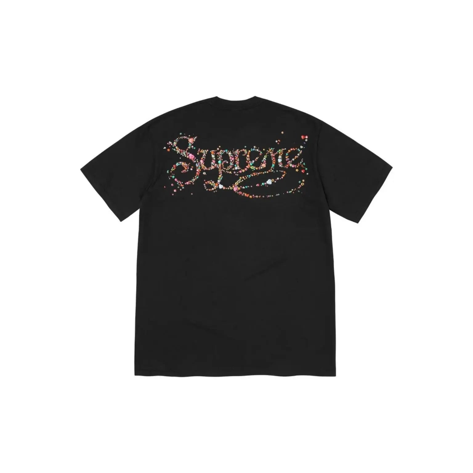A black short-sleeve t-shirt shown from the back, featuring a large 'Supreme' logo across the upper back embellished with colorful rhinestones.
