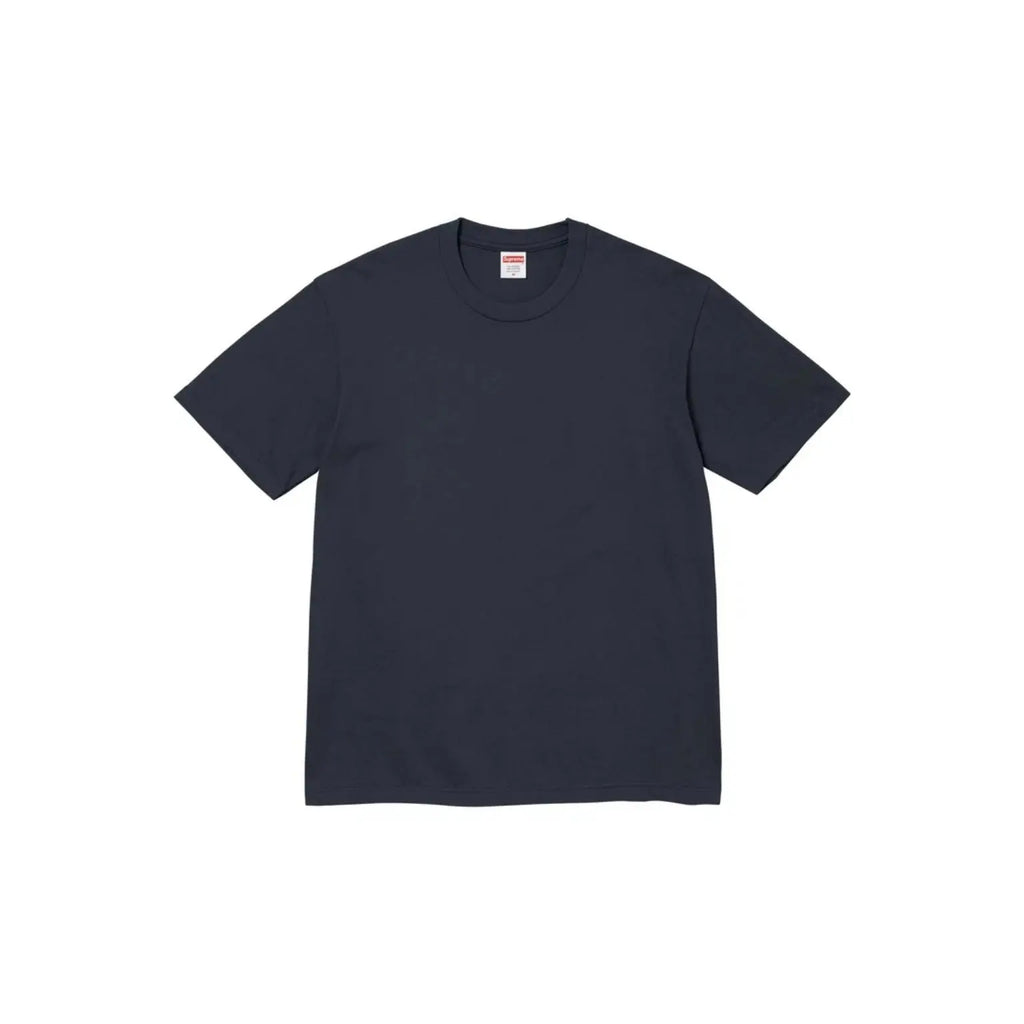A dark navy blue short-sleeve crewneck t-shirt laid flat against a solid white background.